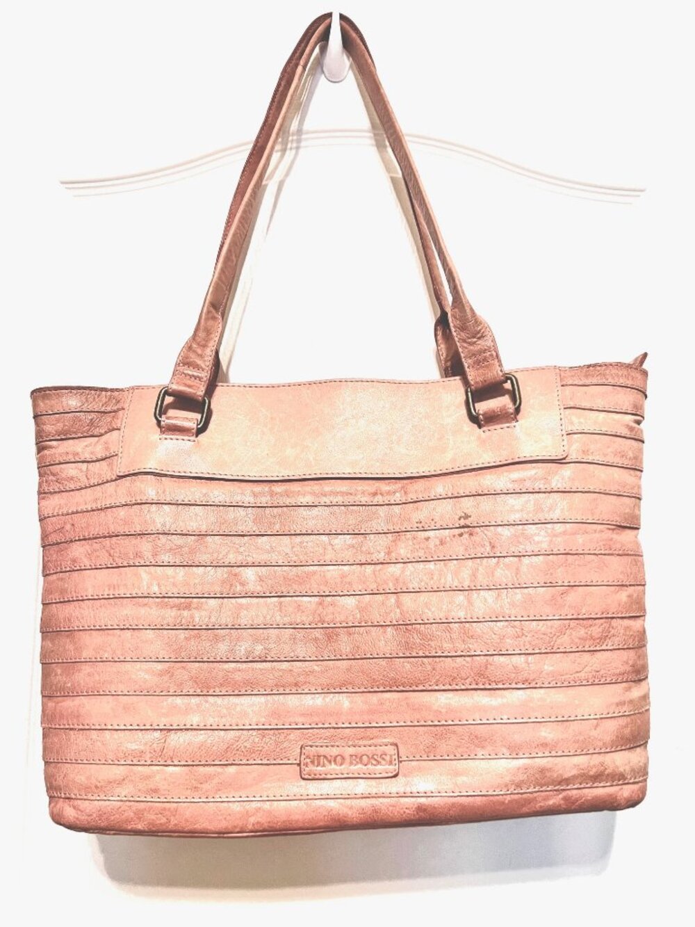 Nino Bossi-Bohemian Ribbed Pink Large Leather Tote-Signature Floral Lining-Zip
